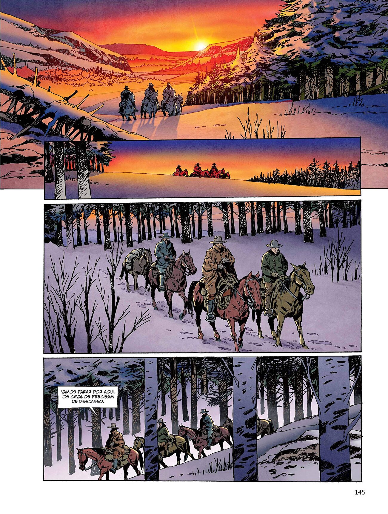 Gatilho interior page: riders crossing the snow at sunset